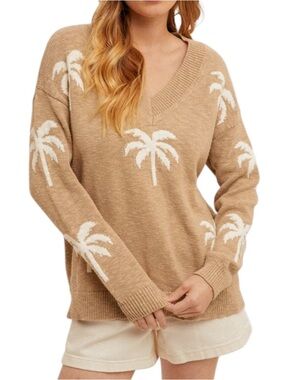182. Tan V-Neck Sweater with White Palm Tree